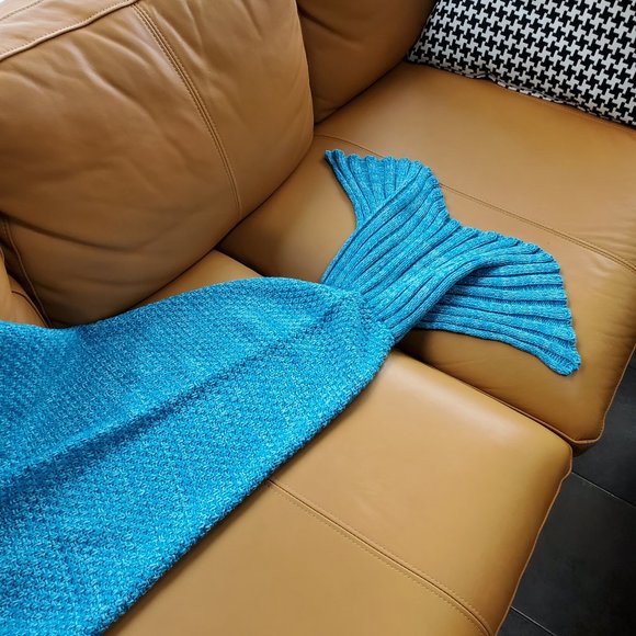 Adult Kids Girls Teal Mermaid Tail Crochet Sofa Blanket Soft Comfy Warm Wearable - Picture 2 of 11